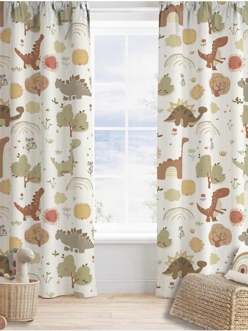 Kids Dino Print Window Curtains - Neutral Earth Tones